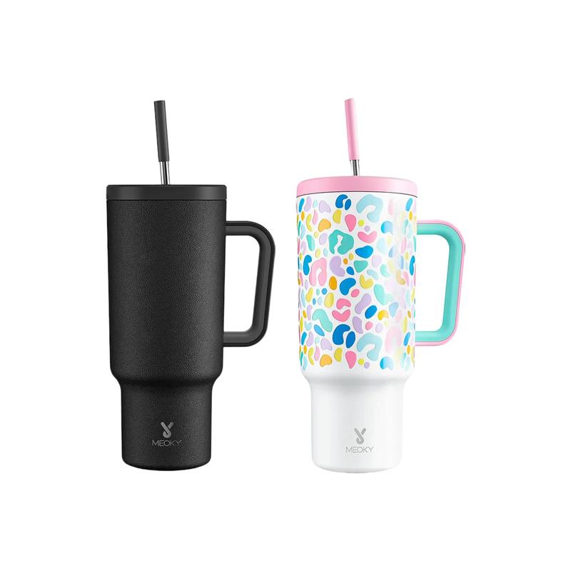 【Meoky】40oz Classic Straw Handle Cup, Multi-grid Ice Cube Mold, Leak-proof Cup Lid, Silicone Handle, Non-slip Noise Reduction Pad At The Bottom, Stainless Steel Thermos Cup, Wide Mouth and Narrow Bottom, Valentine's Day Gift, Tumbler Cups