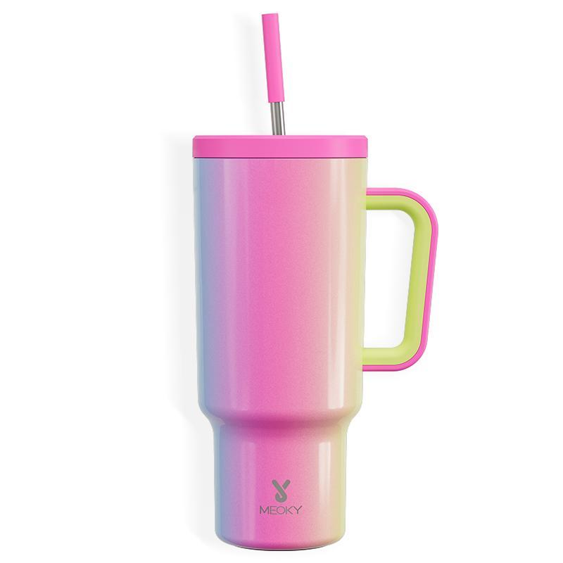 【Meoky】40oz Classic Straw Handle Cup, Multi-grid Ice Cube Mold, Leak-proof Cup Lid, Silicone Handle, Non-slip Noise Reduction Pad At The Bottom, Stainless Steel Thermos Cup, Wide Mouth and Narrow Bottom, Valentine's Day Gift, Tumbler Cups