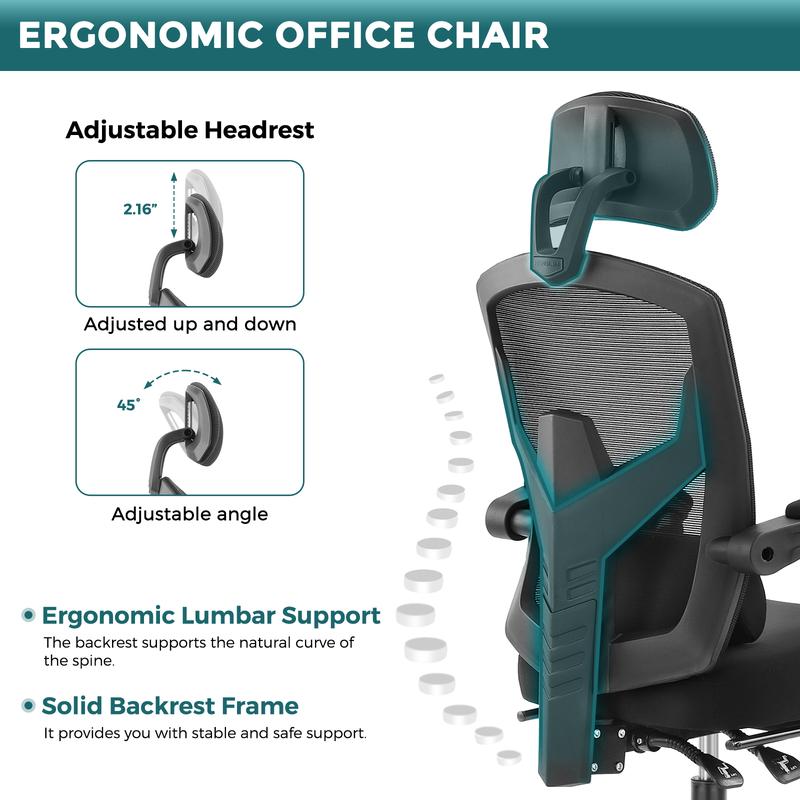 Ergonomic Office Chair, High Back Computer Mesh Swivel Rolling Desk Chair with Adjustable Headrest (Optional with/without Footrest)