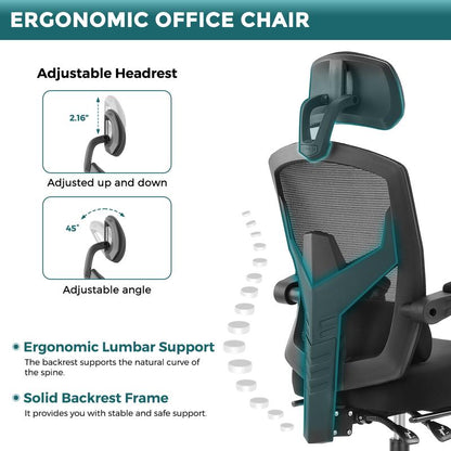 Ergonomic Office Chair, High Back Computer Mesh Swivel Rolling Desk Chair with Adjustable Headrest (Optional with/without Footrest)