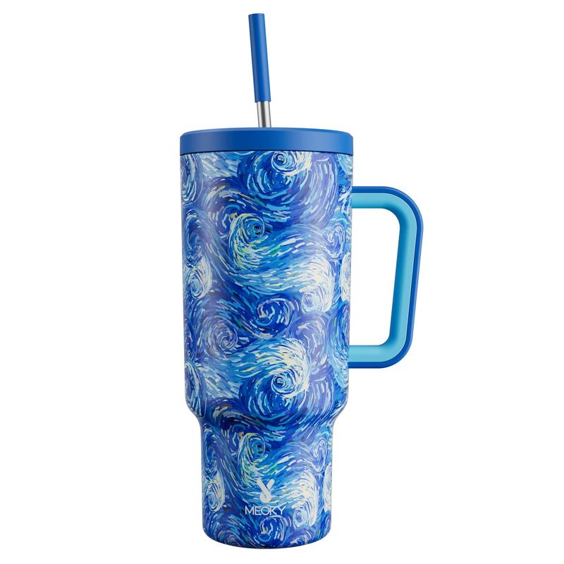【Meoky】40oz Classic Straw Handle Cup, Multi-grid Ice Cube Mold, Leak-proof Cup Lid, Silicone Handle, Non-slip Noise Reduction Pad At The Bottom, Stainless Steel Thermos Cup, Wide Mouth and Narrow Bottom, Valentine's Day Gift, Tumbler Cups