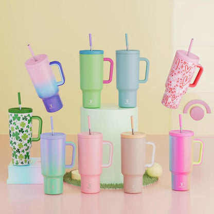 【Meoky】40oz Classic Straw Handle Cup, Multi-grid Ice Cube Mold, Leak-proof Cup Lid, Silicone Handle, Non-slip Noise Reduction Pad At The Bottom, Stainless Steel Thermos Cup, Wide Mouth and Narrow Bottom, Valentine's Day Gift, Tumbler Cups