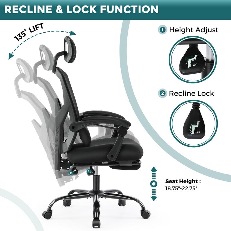 Ergonomic Office Chair, High Back Computer Mesh Swivel Rolling Desk Chair with Adjustable Headrest (Optional with/without Footrest)