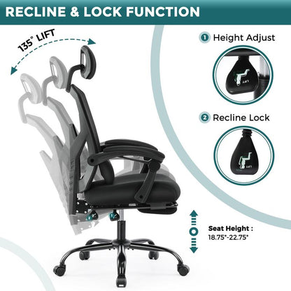 Ergonomic Office Chair, High Back Computer Mesh Swivel Rolling Desk Chair with Adjustable Headrest (Optional with/without Footrest)