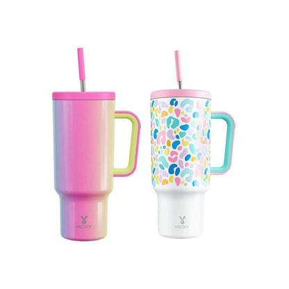 【Meoky】40oz Classic Straw Handle Cup, Multi-grid Ice Cube Mold, Leak-proof Cup Lid, Silicone Handle, Non-slip Noise Reduction Pad At The Bottom, Stainless Steel Thermos Cup, Wide Mouth and Narrow Bottom, Valentine's Day Gift, Tumbler Cups