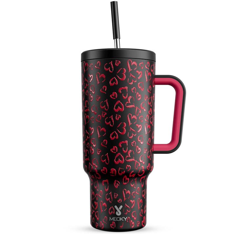 【Meoky】40oz Classic Straw Handle Cup, Multi-grid Ice Cube Mold, Leak-proof Cup Lid, Silicone Handle, Non-slip Noise Reduction Pad At The Bottom, Stainless Steel Thermos Cup, Wide Mouth and Narrow Bottom, Valentine's Day Gift, Tumbler Cups