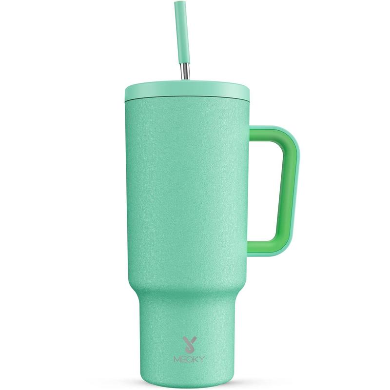 【Meoky】40oz Classic Straw Handle Cup, Multi-grid Ice Cube Mold, Leak-proof Cup Lid, Silicone Handle, Non-slip Noise Reduction Pad At The Bottom, Stainless Steel Thermos Cup, Wide Mouth and Narrow Bottom, Valentine's Day Gift, Tumbler Cups