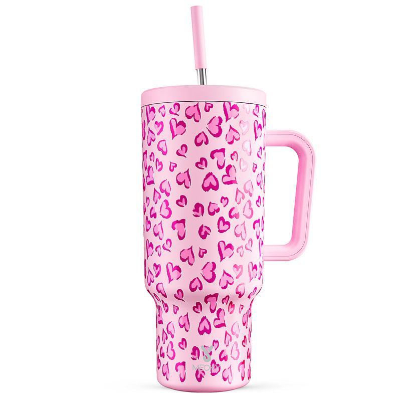 【Meoky】40oz Classic Straw Handle Cup, Multi-grid Ice Cube Mold, Leak-proof Cup Lid, Silicone Handle, Non-slip Noise Reduction Pad At The Bottom, Stainless Steel Thermos Cup, Wide Mouth and Narrow Bottom, Valentine's Day Gift, Tumbler Cups