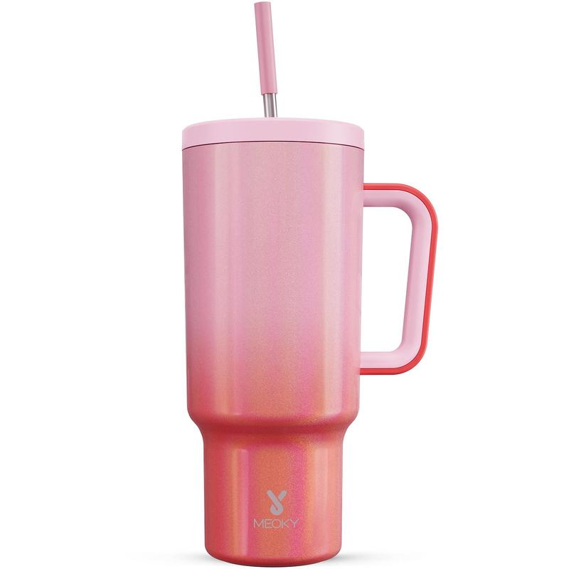 【Meoky】40oz Classic Straw Handle Cup, Multi-grid Ice Cube Mold, Leak-proof Cup Lid, Silicone Handle, Non-slip Noise Reduction Pad At The Bottom, Stainless Steel Thermos Cup, Wide Mouth and Narrow Bottom, Valentine's Day Gift, Tumbler Cups
