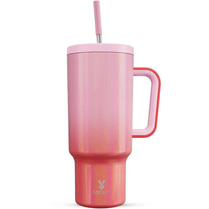 【Meoky】40oz Classic Straw Handle Cup, Multi-grid Ice Cube Mold, Leak-proof Cup Lid, Silicone Handle, Non-slip Noise Reduction Pad At The Bottom, Stainless Steel Thermos Cup, Wide Mouth and Narrow Bottom, Valentine's Day Gift, Tumbler Cups