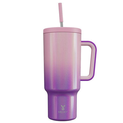 【Meoky】40oz Classic Straw Handle Cup, Multi-grid Ice Cube Mold, Leak-proof Cup Lid, Silicone Handle, Non-slip Noise Reduction Pad At The Bottom, Stainless Steel Thermos Cup, Wide Mouth and Narrow Bottom, Valentine's Day Gift, Tumbler Cups