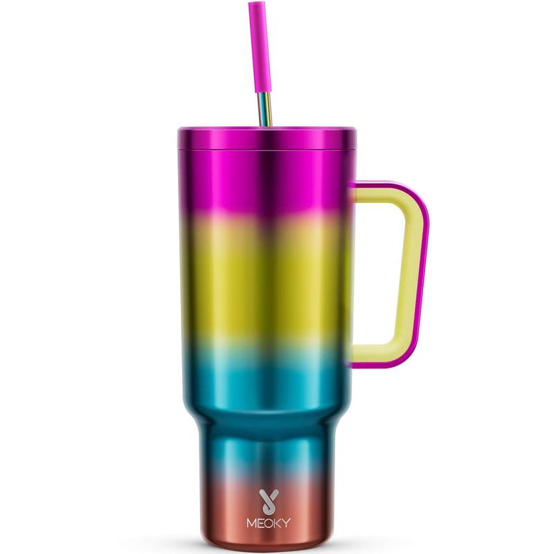 【Meoky】40oz Classic Straw Handle Cup, Multi-grid Ice Cube Mold, Leak-proof Cup Lid, Silicone Handle, Non-slip Noise Reduction Pad At The Bottom, Stainless Steel Thermos Cup, Wide Mouth and Narrow Bottom, Valentine's Day Gift, Tumbler Cups