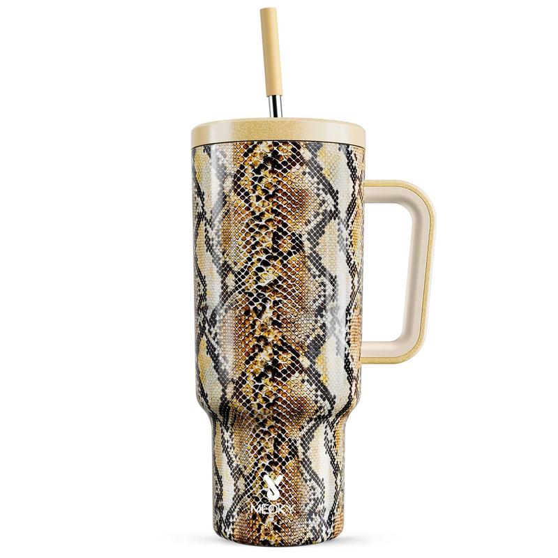 【Meoky】40oz Classic Straw Handle Cup, Multi-grid Ice Cube Mold, Leak-proof Cup Lid, Silicone Handle, Non-slip Noise Reduction Pad At The Bottom, Stainless Steel Thermos Cup, Wide Mouth and Narrow Bottom, Valentine's Day Gift, Tumbler Cups