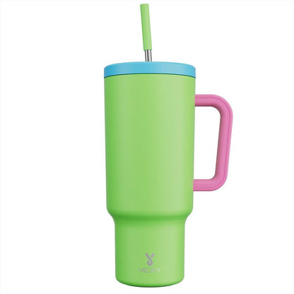 【Meoky】40oz Classic Straw Handle Cup, Multi-grid Ice Cube Mold, Leak-proof Cup Lid, Silicone Handle, Non-slip Noise Reduction Pad At The Bottom, Stainless Steel Thermos Cup, Wide Mouth and Narrow Bottom, Valentine's Day Gift, Tumbler Cups