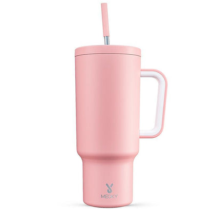【Meoky】40oz Classic Straw Handle Cup, Multi-grid Ice Cube Mold, Leak-proof Cup Lid, Silicone Handle, Non-slip Noise Reduction Pad At The Bottom, Stainless Steel Thermos Cup, Wide Mouth and Narrow Bottom, Valentine's Day Gift, Tumbler Cups